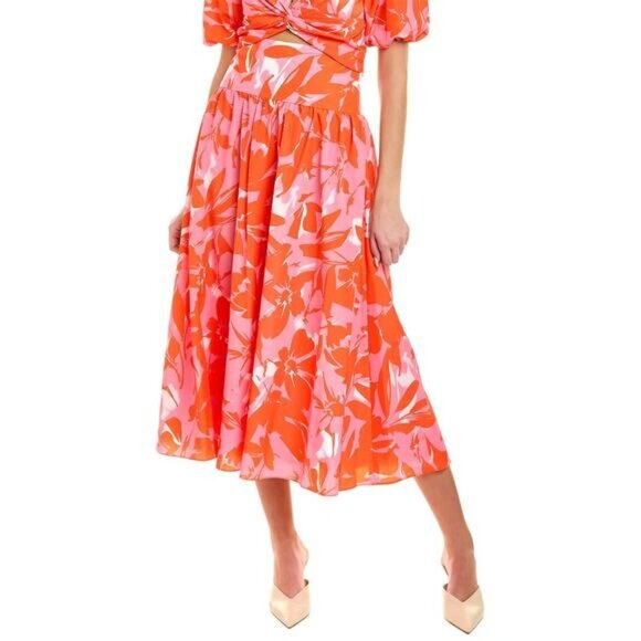 NEW Monique Lhuillier Taffeta Lined Zip Closure Floral Midi Skirt Orange Size: 4 - Picture 1 of 8